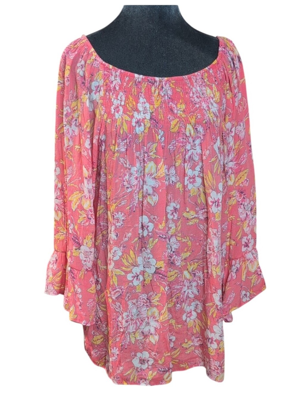 Counterparts Orange/Pink Floral Smocked Bell Sleeve Tunic/Top Size 1X